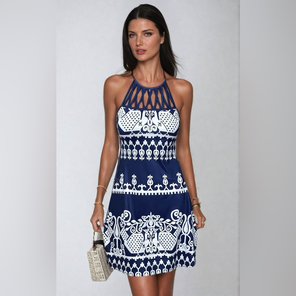 LAST ONE 🔥 Blue Boho Argyle Print Cut Out Halter Neck Dress
